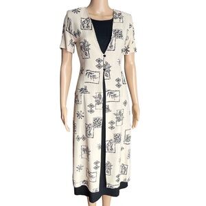 Vintage 90s Joibel Petite Midi Dress S | Black Cream Abstract Rayon